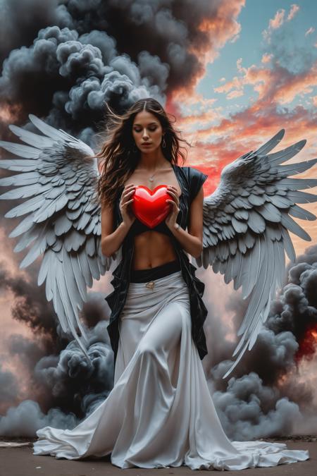 Graffiti style a person holding a heart in their hands with smoke in the background and a sky filled with clouds behind them [21],a detailed drawing,a fine art painting,aerith gainsborough,<lora:Anne Stokes CLIP2:1>,Anne Stokes fantasy art,woman,female,wings,beautiful,detailed,black,dark,red,white,sexy,<lora:Alfred Manessier CLIP:1>,Alfred Manessier,dynamic folds,flowing forms,volumetric lighting,., 8k uhd, high quality,  . Street art, vibrant, urban, detailed, tag, mural