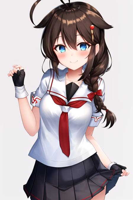 masterpiece, best quality, highres, solo, {shigure_kantaicollection:1.10}, long_hair, blue_eyes, ahoge, hair_flaps, braid, single_braid, hair_ornament, brown_hair, blush, smile, black_hair, breasts, hair_between_eyes, 1girl, school_uniform, serafuku, black_serafuku, hair_over_shoulder, looking_at_viewer, gloves, black_gloves, fingerless_gloves, neckerchief, necktie, red_neckerchief, black_skirt, pleated_skirt, short_sleeves, simple_background, skirt, sailor_collar, white_background