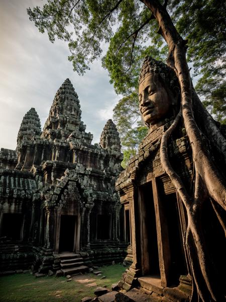 langscape of angkorwat at dawn, monk, ruins, temple, statue, most, tree, root, stone, epic, dim light <lora:ARWangkorwat:1>, <lora:add_detail:0.5>