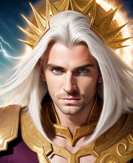 ((masterpiece, best quality)), very handsome man in the center, wearing a large and gleaming white armor, white hair and golden eyes, looking at the viewer, distant expression, luminous clouds in the background,