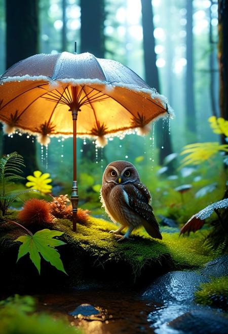 In the hushed stillness of a temperate forest awash in silken rainfall, a diminutive avian ambassador presides regally amidst the undergrowth. Sheltering beneath the flared umbrella of a burnished russet agaricus, the petite owlet surveys its aqueous kingdom with a gaze equal parts wise and winsome. Downy plumage of tawny and ivory hues ruffles subtly in the breeze-borne kisses of precipitation, each filament dewdrop-laden and luminous. Gossamer wisps of vapor curl sensually around the fungal pedestal, softening edges and lending an ethereal nimbus to the tableau. Beyond the immediate sanctuary, the woodland murmurs with the susurrus of falling water, leaves and needles acting as thousands of percussive instruments in a symphony composed by the elements themselves.
made of Wool, 
(no-human), 
3d-rendering, concept-art, digital, dreaminess, futuristic, multimedia, virtual-reality, 
eeriness, fantasy, other-worldliness, science-fiction, surreal, 
colorful, sci-fi style, technological, alien worlds, space themes, advanced civilizations, 
best quality, masterpiece, aesthetic, intricate details, highly detailed, ultra-detailed, absurdres, unreal engine, octane rendering, high contrast, vivid, vibrant, volumetric lighting, sharp focus, 
ObsidianSand