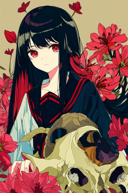 masterpiece, best quality, flat color, limited palette, low contrast,
1girl, serafuku, long straight black hair,
lycoris flower, goat skull,
(red, black)