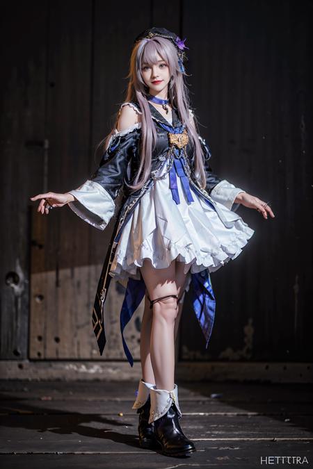 best quality, masterpiece, realistic, (photorealistic:1.4), 1girl, solo, full body, smile, herta cosplay costume, cosplay, long purple hair, doll joints, joints, ankle boots, hat, standing, <lora:herta_cosplay_costume_v1:0.65>