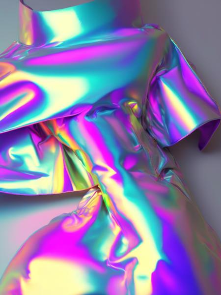 <lora:MADEOFIRIDESCENTFOIL:1>MADE OF IRIDESCENT FOIL futuristic biker-jacket made of translucent sheet of holographic plastic.