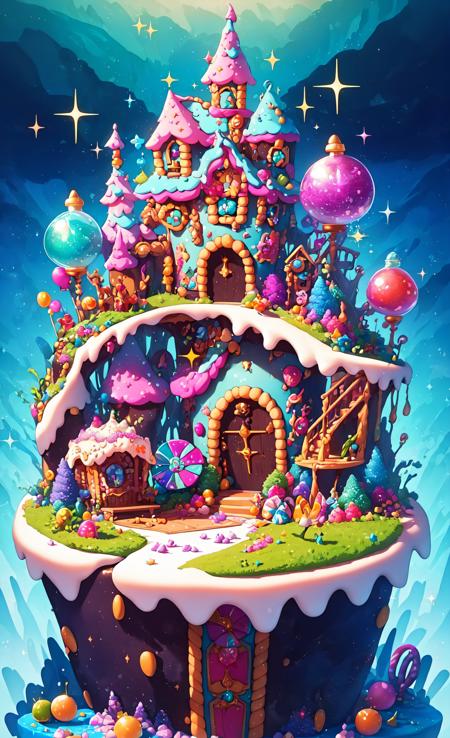 (Masterpiece, best quality:1.3), highly detailed, fantasy, <lora:Candyland-10:0.95>, 8k, candyland, dynamic, cinematic, ultra-detailed, full background, fantasy, illustration, house, cake, roof, drip, sparkle, glitter, scenery, ((no humans)), drizzle, beautiful, (shiny:1.2),  various colors, gumball machine, monolithic, bloom:0.4, sparkle, extremely detailed, multicolored theme