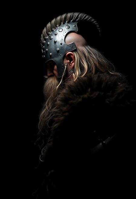 side view of a norseman warrior, hyper realistic, studio photography, dramatic lights, dynamic shadows, black background, chiaroscuro, high contrast lights