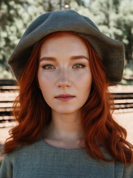 portrait of 4nn41is3ba550, red hair, hazel eyes, 1800's dress, bonnet, outdoors, old West train station, waiting for a steam train, <lora:Annalise_Basso_PMv1a_LyCORIS:1>, RAW candid cinema, 16mm, color graded portra 400 film, remarkable color, ultra realistic, textured skin, remarkable detailed pupils, realistic dull skin noise, visible skin detail, skin fuzz, dry skin, shot with cinematic camera