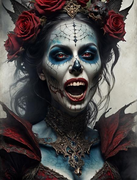 Gothic style ethereal fantasy concept art of macabre style, body portrait, Fairy tales sorcerer woman, Infection Macabre Zombie Aberration],open mouth on terrific teeth,Watercolor with ink pen outline, ultrarealistic, sharp features, majestic, a million details Style of Alberto Sevesso [Nero and Rosso Palette] , dario argento, ethereal, sadness, ominous, scarred, highly detailed, vibrant, production cinematic character render, ultra high quality model, detail textures, detail face, reptilian eyes, vray, 3D octane render . Magical, fantastical, enchanting, storybook style, highly detailed, detailed skin texture, . Dark, mysterious, haunting, dramatic, ornate, detailed