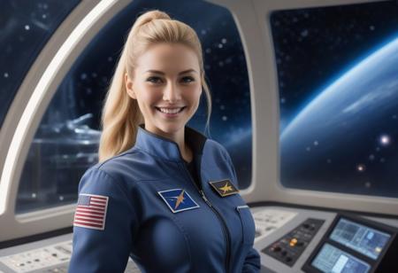 Cowboy shot of a woman with long blonde hair tied back in a ponytail, wearing a space uniform, smiling provocatively at the viewer. The background is a starship control room with an enormous window view of thousands of stars and a spiral galaxy,