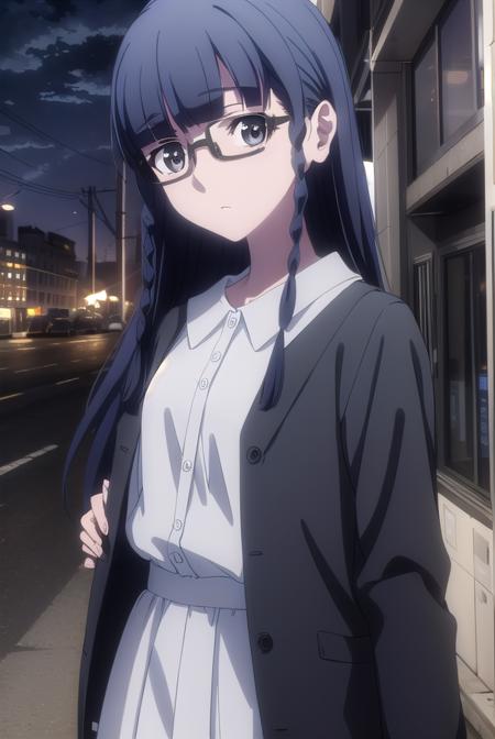 setsunashimazaki, <lora:setsuna shimazaki s1-lora-nochekaiser:1>,
setsuna shimazaki, long hair, bangs, (black eyes:1.5), black hair, braid, glasses, blunt bangs, twin braids, semi-rimless eyewear, under-rim eyewear,
BREAK shirt, blue shirt, collared shirt, cardigan, yellow cardigan, skirt, blue skirt,
BREAK outdoor, city, night, sky, buildings, moon, clouds,
BREAK looking at viewer, (cowboy shot:1.5),
BREAK <lyco:GoodHands-beta2:1>, (masterpiece:1.2), best quality, high resolution, unity 8k wallpaper, (illustration:0.8), (beautiful detailed eyes:1.6), extremely detailed face, perfect lighting, extremely detailed CG, (perfect hands, perfect anatomy),