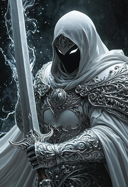 A closeup of fantastical image of a moon knight, clad in flowing, flowing robes, wielding an ornate, ornate blade. Their eyes are filled with power and determination, as they wield the sword in a fluid, dynamic motion. The moon's reflection highlights their magical power