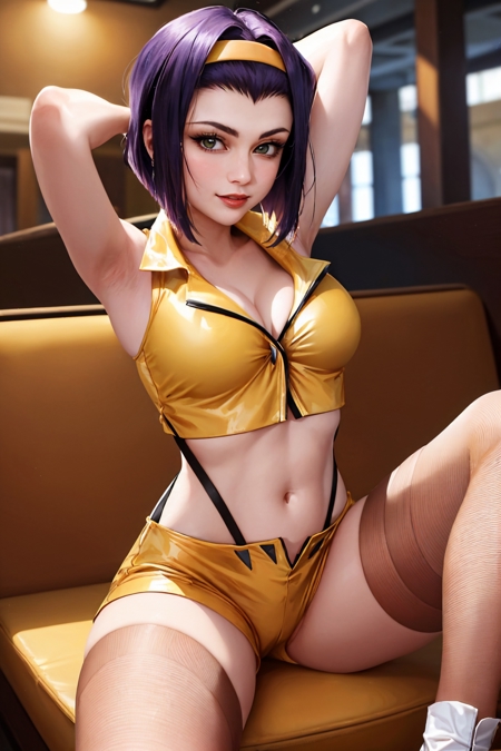 fayevalentine yellow hairband red jacket crop top yellow shorts thighhighs midriff cleavage