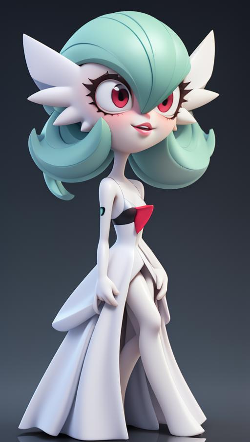 A 3D Cartoon Model of a Woman with Blue Hair and a White Dress.