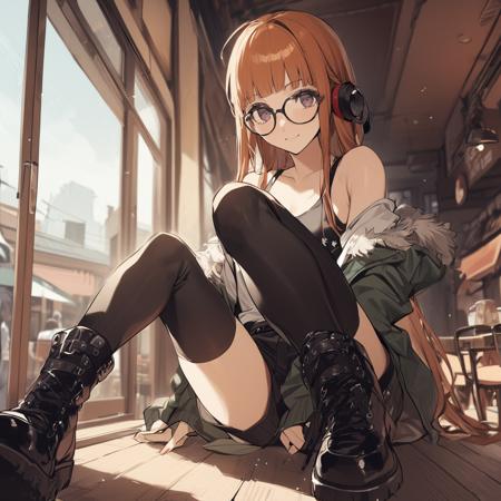 1girl, Sakura Futaba, sitting in cafe, glasses, masterpiece, latest  <lora:futaba_xl_a3-000012:1>