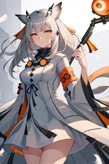 best quality, masterpiece, highres, solo, {ptilopsis_arknights:1.15}, bangs, owl_ears, long_hair, white_hair, orange_eyes, yellow_eyes, upper_body, grey_hair, closed_mouth, feather_hair, 1girl, long_sleeves, armband, coat, dress, looking_at_viewer, white_dress, breasts, elite_ii_\(arknights\), white_coat, medium_breasts, staff, holding, holding_staff, wide_sleeves