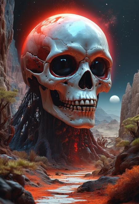 (style of Josh Kirby,style of John Harris,style of Mike Winkelmann,style of Jean Giraud,style of Angus McKie),award winning,
cinema_stil,(from_below:1.5),wide shot, EdobHorrorLandscape,Super wide Angle and large format,fantasy,ban,opal render,
(1girl traveling with a backpack, hiking journey, walking on a surreal desert with alien sporophytes plants, looking up to a giant skull in the mountains, The skull should be seamlessly integrated into the landscape), ethereal and mystical atmosphere, Sunlight should filter through the canopy above, highlighting the tranquil and otherworldly quality of the scene, beautiful reflection, backdrop is the neon glowing storm of cosmic dust in the shape of a giant skull), holographic skull in the horizon, mysterious skull horrendous tower raising to the moon in the background, 
(colored_desert_light_blue_perlwhite,colored_cosmic_dust_fire_red_perlwhite,colored_astronaut_indianred,colored_alien_sporophytes_plants_dark_grey_perlwhite),(acid_green_perlwhite_grease),
Hyper-detailed,Insane Details,Intricate Details,Super-Resolution,Megapixels,Strong Shadows<lora:EdobHorrorLandscape_XL_v1.0:0.8>,acidzlime<lora:acidzlime:0.4>,Cel Shading,Hypermaximalist,Super Detailed,Hyperrealism<lora:InkArtXL_1.2:0.5><lora:DD-pnte-neg-v1:-1.5><lora:MJ52:0.5>,