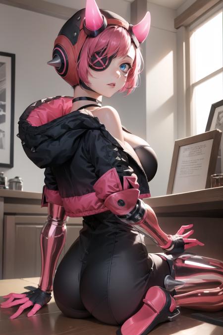 (masterpiece, best quality:1.2),  <lora:cyber_punked_wattson:1>, cyber punked wattson, 1girl, solo, bodysuit, jacket, breasts, eyepatch, horns, black bodysuit, black jacket, one eye covered, ass, ass support, mechanical arms, black headwear, pink hair, mechanical legs, hood, blue eyes, hooded jacket, single mechanical arm, gloves, black gloves, medium breasts, choker, cleavage,  official alternate costume, short hair, collarbone, black choker, from behind, portrait, sitting, indoors,