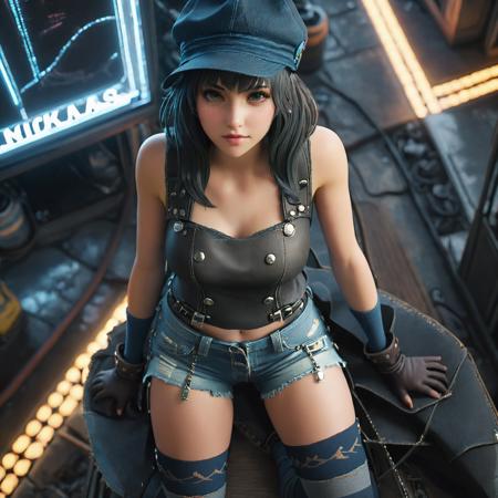 masterpiece, best quality, 1girl, the girl called kyrie canaan, 3d style, hat, Unreal Engine style,  wearing  thighhighs, cinematic, movie still, (from above:1.7), denim shorts, dynamic pose, cyberpunk, (bent over:1.3), semiconductor <lora:ff7_kyrie canaan-xl:0.7>