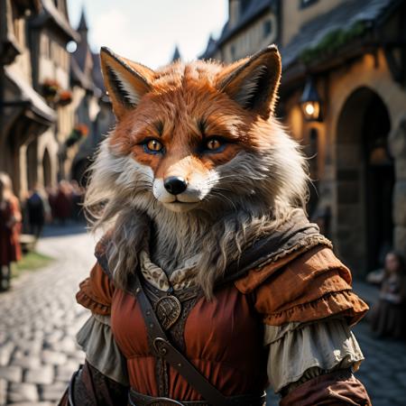 highly detailed full color candid photo of a werefox:1.2, 1girl,
werefox, solo, looking at viewer, 
realistic, depth of field, blurry background,
medieval town,
photorealistic,
analogue photography,
low key lighting,
