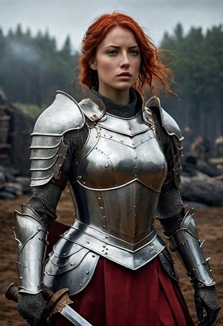 High resolution ultra-realistic of Beautiful Warrior Joan of Arc, 8k, capturing the intensity of the moment, cinematic lighting, standing on a bloody and stormy battlefield in bloody battle, wavy red hair, realistic dirty pale face, realistic dark brown eyes,  beautiful hourglass figure, burning in a medieval Town, intricately designed iron and silver armor, red mini skirt, Dark Ages Aesthetic, perfect athletic figure, beautiful Warrior Joan of Arc, fire, ultra realistic, cinematic style, vigorous and seductive, athletic figure, dark fantasy, dramatic lighting, wet and sweaty skin, dirty skin, athletic figure, dark fantasy, dramatic lighting, Greg Rutkowski style,, Warrior Joan of Arc on in iron armor, hyper-detailed, hyper-realistic, bright colours, Attractive 21 old years girl, Attractive, beautiful firm Breasts, sharp focus, digital painting, Photograph Taken on Nikon D750, Alphonse Mucha, 8K, athletic figure, Hyperdetailed, hyperrealism, Attractive, Attractive bust girl, asymmetric balance