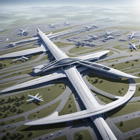 a large airport with a lot of traffic on it's sides and a highway running through it's center
award-winning, professional, highly detailed