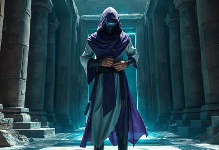 "Create a highly detailed, lifelike depiction of a Deepsea Warrior in a purple and white cloak, reaching into their pocket, standing on an Aqua Gate. The warrior should be modeled after MK ninja, with a sleek blue visor and hooded cowl, inspired by Kose Kanaoka. The setting should be an Egyptian temple ruin with advanced tech. Strive for the golden ratio in your composition. Produce this in 8k resolution with rich lighting, suitable for Artstation and a smooth, sharp focus. The final image should reflect a cinematic, futuristic, and sci-fi style."