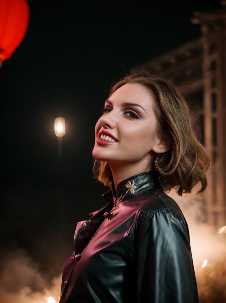 cinematic photo , amazing photo of a happy woman, makeup, lipstick, concealer,  <lora:quiron_BriannaLove_v3_lora:0.87> BriannaLoveQuiron,, festival party, lights, fireworks, chinese festival, crowded, new year celebration ,east asian architecture, paper lantern, realistic, red (Chinese lanterns ) in background, fog, fireworks and fog far background, fire, lighting, intricate detailed, . 35mm photograph, film, bokeh, professional, 4k, highly detailed