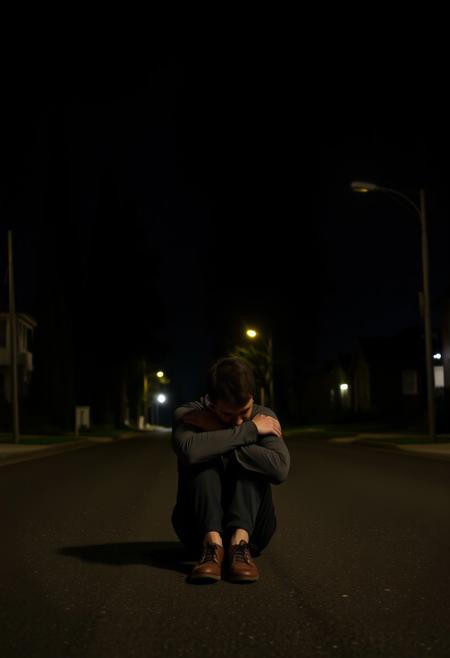 it is night. there is no light aside from the distant street light. the street is empty. the homes along the street are all dark. tall imposing trees stretch over the dark street. a man sits with his knees pulled up to his face and his arms wrapped around his legs. his face isn't visible but it seems he is sad. he sits in the street. I can not express enough how dark it is in this image and how upset I will be if it isn't dark.