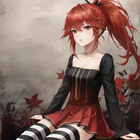 vocaloidcul, red hair, ponytail, garter straps, shorts, coat alternativecul, red hair, ponytail, black dress, red skirt, striped thighhighs