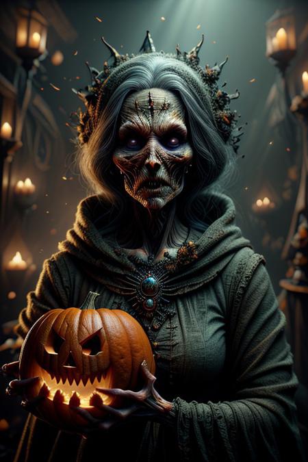 an evil witch carrying a pumpkin around town on Halloween, she has orange glowing eyes, dark night, HalloweenGlowStyle, ral-wtchz, CyberRealistic_Negative, ral-wtchz