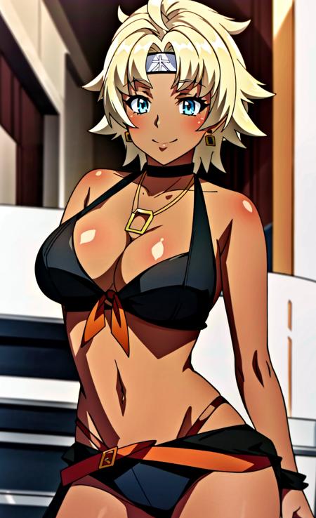 Emily Orange, 1girl, solo, transparent background, breasts, jewelry, blonde hair, short hair, blue eyes, large breasts, cleavage, dark skin, choker, headband, navel, hand on hip, dark-skinned female, earrings, shirt, necklace, wristband, looking at viewer