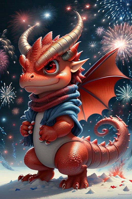 pixar style, a cute red dragon, wearing a scarf, big blue eyes, shiny snow white fluffy,angry, fairy tale, fireworks shine...