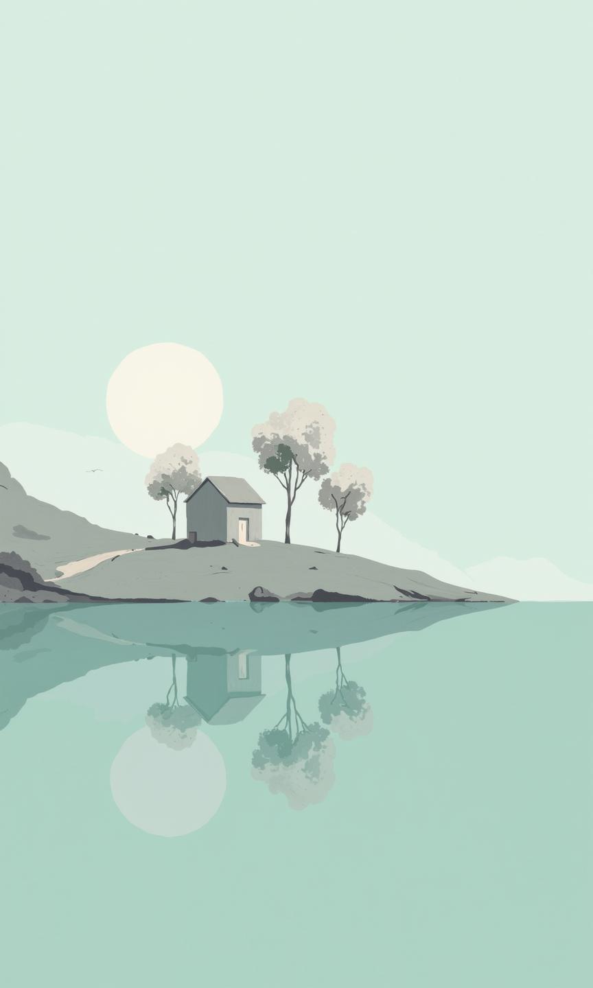 A serene, minimalist landscape illustration. 
A small, light-gray/white house sits on a small, gray/teal island in a vast body of still, light-gray/teal water. 
Three stylized, light-gray/white trees, with soft, rounded forms, are clustered near the house.  The trees have a slightly fluffy, almost cloud-like quality.
The land/island and water have gently sloping, muted tones. 
A light-gray/teal circle, resembling a sun or moon, is positioned slightly above and to the right of the trees in the background.
The water reflects the island's features perfectly.  The house and trees are mirrored in the water, creating a calm, symmetrical effect. 
The overall style is simple, almost abstract, with muted tones and soft shapes.
<lora:FLUX-daubrez-DB4RZ-v2:1> DB4RZ, DB4RZ style painting