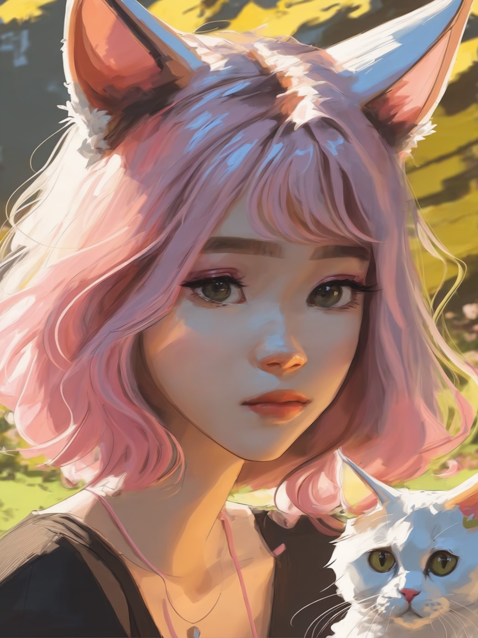 masterpiece, best quality, (1girl), sam yang, beautiful detailed eyes, looking at viewer, upper body, pink hair, shy, cat ...