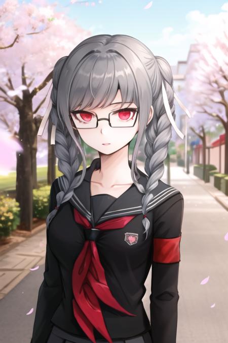 Masterpiece, Best Quality,  <lora:PekoDG:1>, 1girl, black serafuku, black shirt, breasts, collarbone, glasses, hair ribbon, looking at viewer, ribbon, school uniform, serafuku, solo, upper body, white ribbon, outdoors, cherry blossoms,