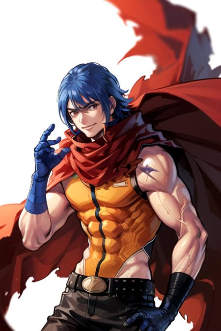 <lora:KrohnenMcdougall-09:0.7> ,k9999, solo, smile, gloves, 1boy, white background, blue hair, male focus, belt, cape, muscular, scar, bandages, manly, vest, gigantic arm