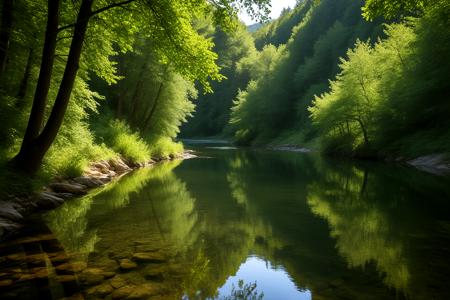 Stable_Yogis_PDXL_Positives,,A tranquil view of a peaceful river winding through a lush forest in Bosnia and Herzegovina at midday, Sunlight filters through the leaves, casting shimmering reflections on the water's surface, The atmosphere is calm and serene, perfect for relaxation,