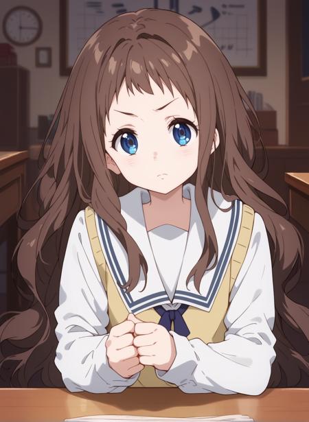 shindou_ai, long hair, brown hair, blue eyes, school uniform, serafuku, sailor collar, black socks,blue ribbon,grey skirt,long sleeves,pleated skirt,shoes,white sailor collar,blue jacket shindou_ai, long hair, brown hair, blue eyes, school uniform, serafuku, sailor collar, black socks,blue ribbon,grey skirt,long sleeves,pleated skirt,shoes,white sailor collar,sweater vest shindou_ai, long hair, brown hair, blue eyes, idol,angel wings,bow,boots,feathered wings,dress,feathers,hair bow,headset,scrunchie,frilled skirt,wings,wrist scrunchie,fur tail