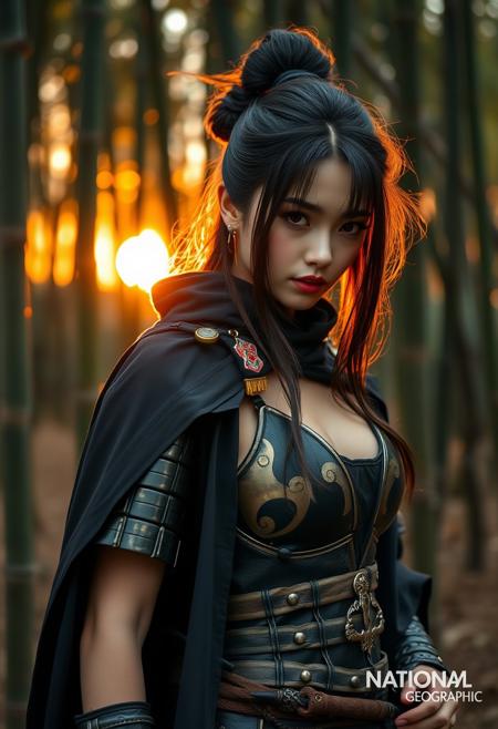 Close Up shot of a beautiful japanese samurai girl, geisha hairstyle, samurai armour, black cape, perfect body, oiled skin, sensual, erotic, bamboo forest background, sunset, National Geographic photography style
