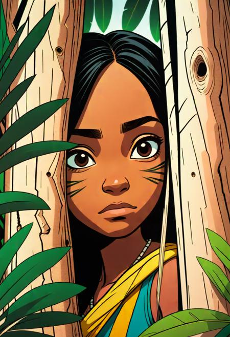 a young indigenous brazilian woman hiding behind a tree, in amazoniacore manga book style