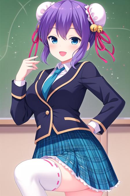 (masterpiece, best quality), highly detailed background, perfect lightingbest quality, chunyanlee, solo, indoors, classroom, purple hair, bun cover, double bun, hair ribbon, hair bell, jingle bell, hair ornament, short hair, blue eyes, breasts, blue jacket, blazer, blue necktie, white shirt, <lora:GoodHands-vanilla:1>, one hand on hip, blue skirt, plaid skirt, white thighhighs, school uniform, smile, open mouth, :d, pink lips, <lora:Chunyan-Lee:0.7>