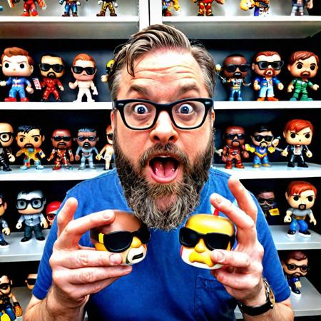 Man with beard and glasses holding a Funko Pop at the camera with his mouth open. The entire room is filled with shelves of Funko Pops.
