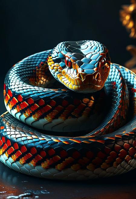 apture a photo-realistic image of a snake with dragon horns, no legs, adorned with black scales featuring intricate red and gold patterning. The snake should have colorful, beautiful eyes and be depicted in a dynamic full-body pose. Utilize cinematic lighting with Rembrandt lighting techniques to create depth and drama in the image. Incorporate volumetric lighting to enhance the atmosphere around the snake. The photograph should be taken with an aperture of F/2.8 to create a shallow depth of field and focus attention on the subject. Ensure maximum detail and ultra-realism in the rendering. The snake should be centered in the frame, commanding attention and exuding beauty and majesty. The overall composition should be visually captivating and showcase the intricate details of the snake's scales and horns.
(Dramatic Lighting, Photography, 3D Illustration, Vibrant Colors, Exquisite Detail, Award Winning, Stunning)  <lora:MJ52:0.5> epiCPhoto