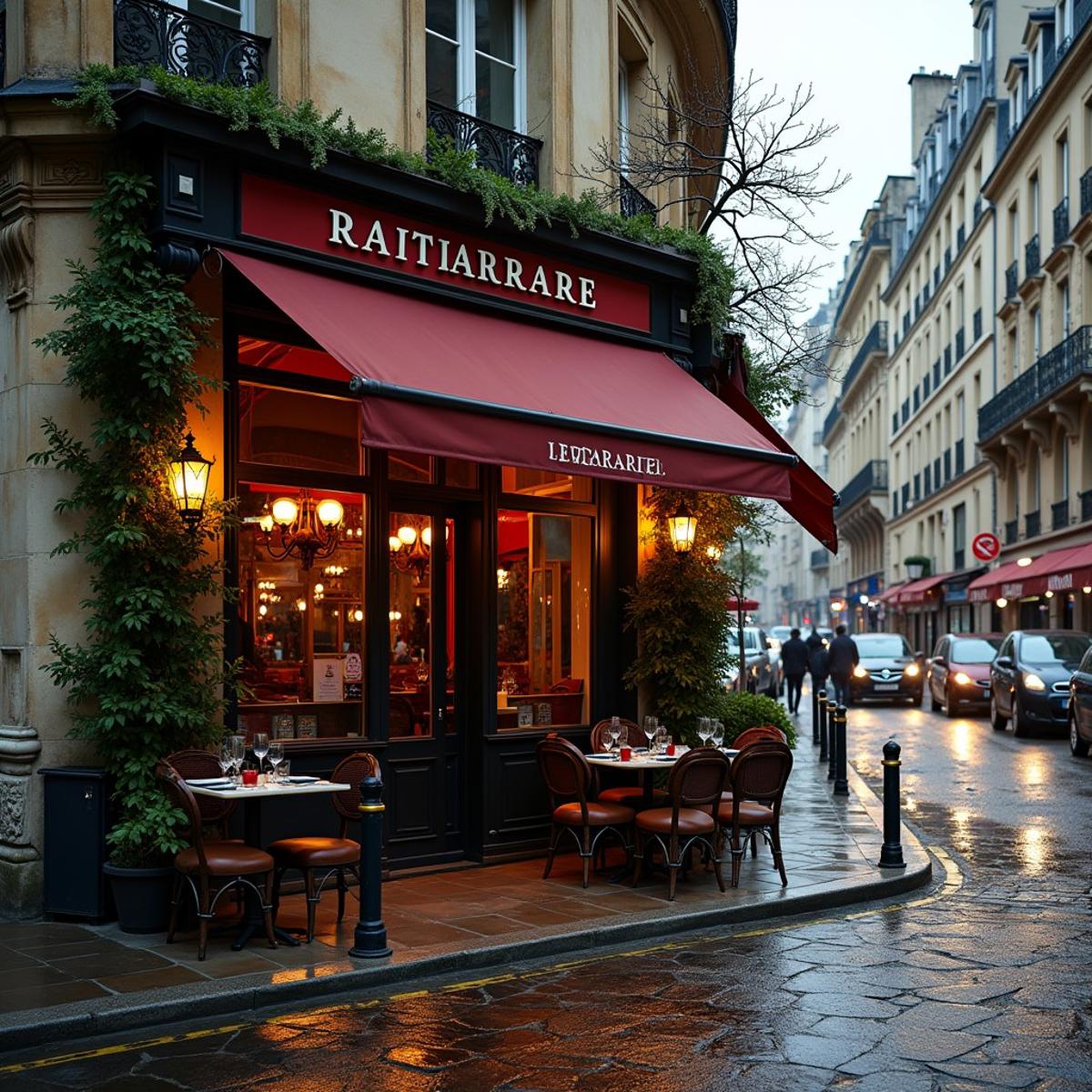 A beautifully lit and composed professional photograph of a Parisian brasserie on a bustling street corner, the restaurant is an oasis from the busy street, tucked in and cozy, wet cobblestones, high resolution, early morning rain, weathered limestone and details, fine details of plants and trees, ultra realistic modern day scene,