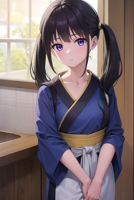 takinainoue, <lora:takinainoue-lora-nochekaiser:1>, 
inoue takina, long hair, bangs, twintails, black hair, (purple eyes:1.2),
BREAK japanese clothes, kimono, apron, waist apron, blue kimono, waitress,
BREAK indoors, cafe,
BREAK looking at viewer, (cowboy shot:1.5),
BREAK <lyco:GoodHands-beta2:1>, (masterpiece:1.2), best quality, high resolution, unity 8k wallpaper, (illustration:0.8), (beautiful detailed eyes:1.6), extremely detailed face, perfect lighting, extremely detailed CG, (perfect hands, perfect anatomy),