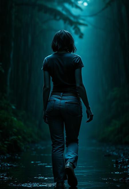grainy, detailed, dynamic lighting, dark, rain, reflection on water,<lora:Blade Runner 1982:0.8>, curvy girl in jeans and a t shirt with short black hair walking in forest, from behind, bioluminescent details, Shimmering light, thick forest