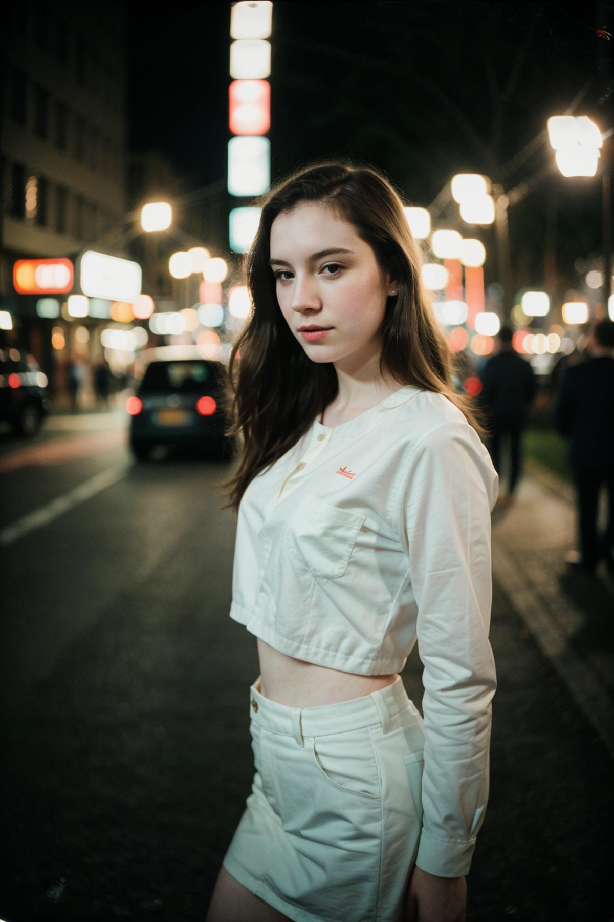 A young woman wearing white clothing standing on a street.