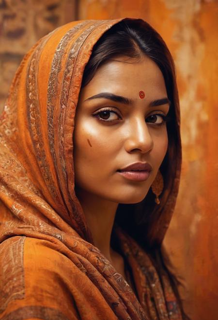1 woman, painting style featuring multiple filter effects, dark beige and light amber color scheme, high dynamic range, inspired by Indian pop culture, ZBrush detailing, Canon F-1 aesthetics, charming sketches, expressive pose, intricate facial details, vibrant clothing reflecting cultural elements, textured background with abstract patterns, warm and inviting atmosphere