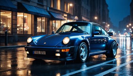 cinematic photo of a dark blue Porsche 930 Turbo, at night, in a city center, downpour, heavy rain, thunder, vignette, 8k, masterpiece, best quality
