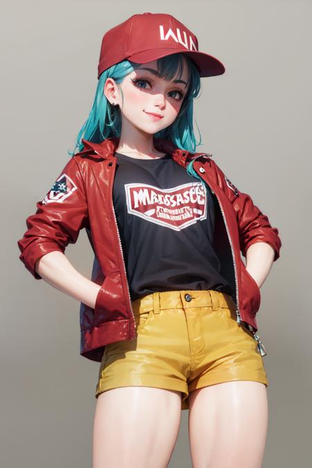 (masterpiece, best quality:1.2), <lora:db_bulma-10:1.0>, cowboy shot, solo, 1girl, bulma, smile, looking at viewer, hands in pockets, baseball cap, red jacket, closed jacket, yellow short shorts